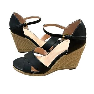 New Box J. crew black leather espadrille wedge size 10.5 open toe preppy an870